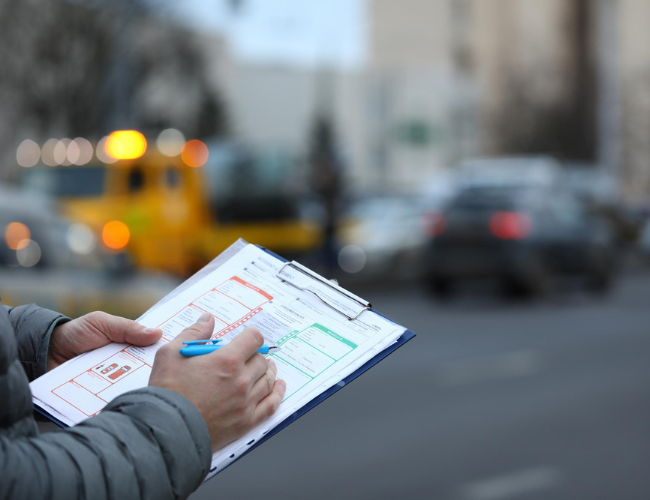 A man in a gray suit fills out his PA crash reporting form after an accident
