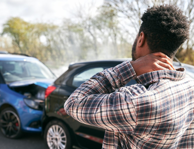 A man and a woman look at the damage from a car accident while driving a personal vehicle for work.