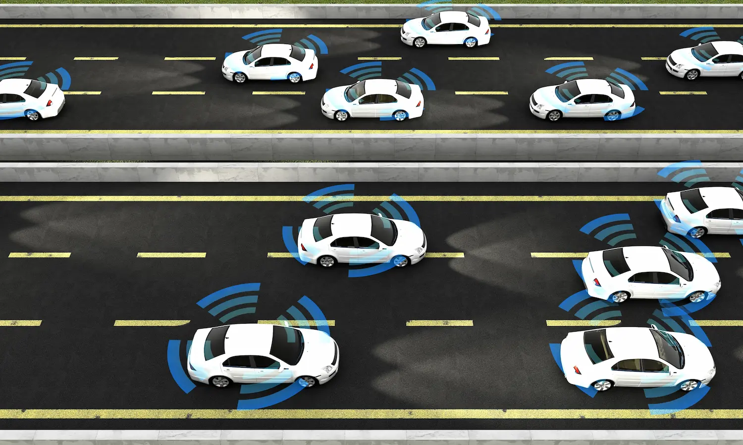 White cars drive on both sides of a Pennsylvania highway with blue outlines of motorcycle blind spots